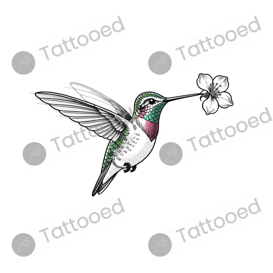 Micro Hummingbird, fine line tattoo flash design