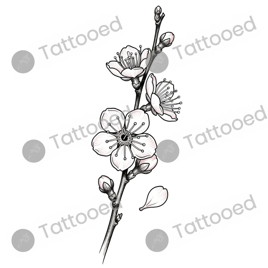 Micro Cherry Blossom Branch, fine line tattoo flash design