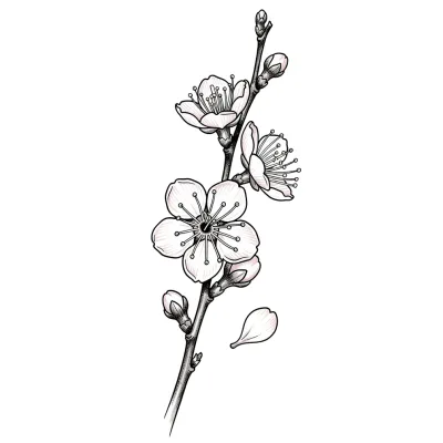 Micro Cherry Blossom Branch, Fine Line tattoo flash design