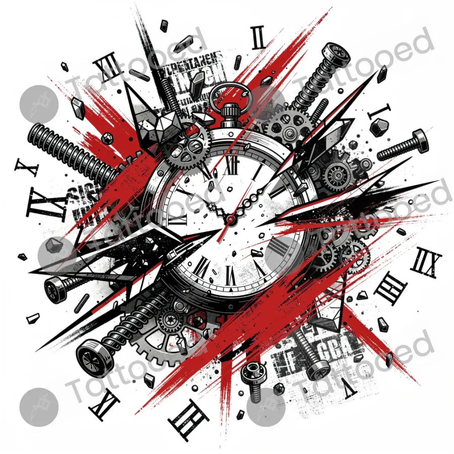 Broken Clock Face, trash polka tattoo flash design