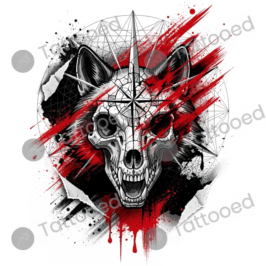 Wolf Skull with Compass, trash polka tattoo flash design