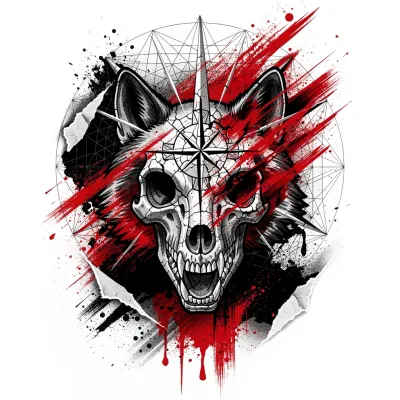 Wolf Skull with Compass, Trash Polka tattoo flash design