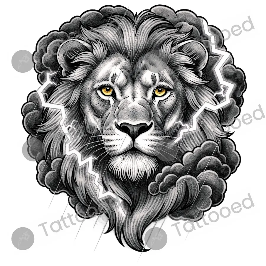 Lion Portrait in Storm, realism tattoo flash design