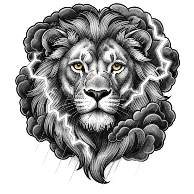 Lion Portrait in Storm, Realism tattoo flash design