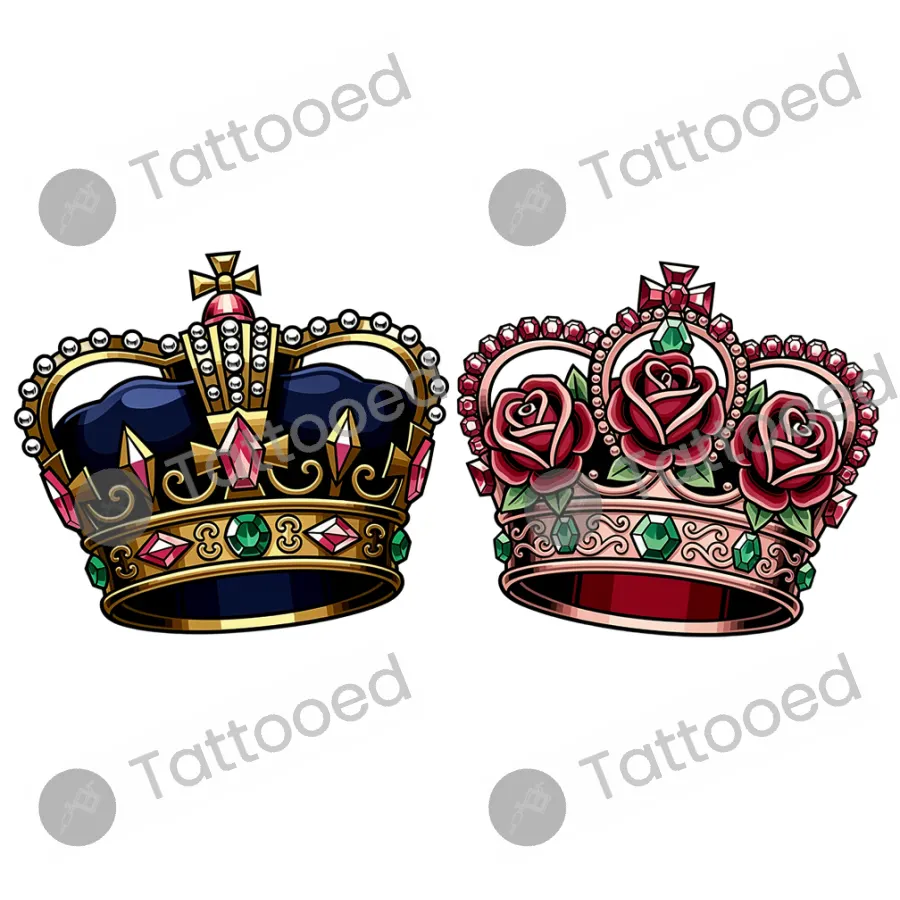 King and Queen Crown Pair, neo-traditional tattoo flash design