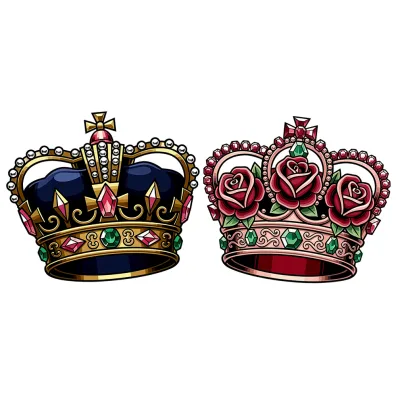 King and Queen Crown Pair, Neo-Traditional tattoo flash design
