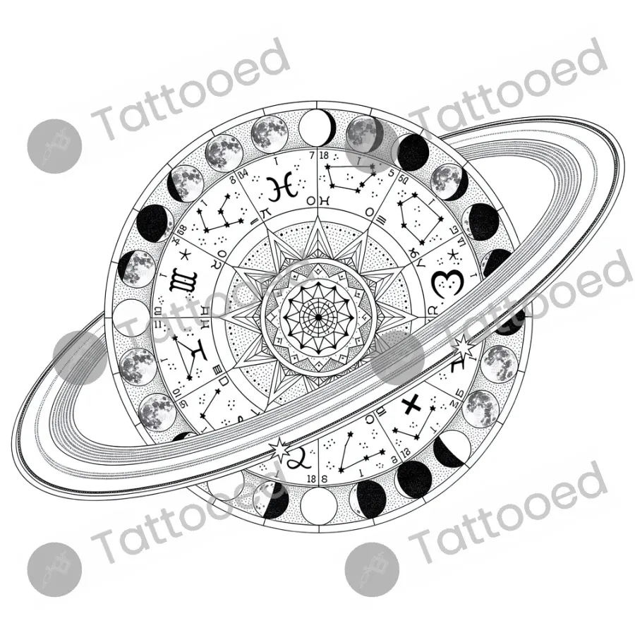 Celestial Birth Chart, fine line tattoo flash design