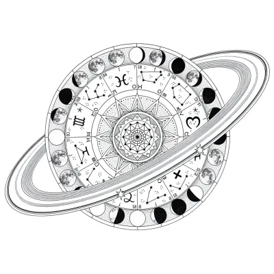 Celestial Birth Chart, Fine Line tattoo flash design