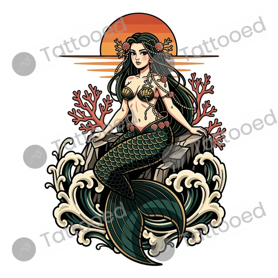Neo-Traditional Mermaid, neo-traditional tattoo flash design