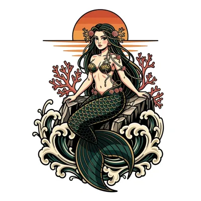 Neo-Traditional Mermaid, Neo-Traditional tattoo flash design