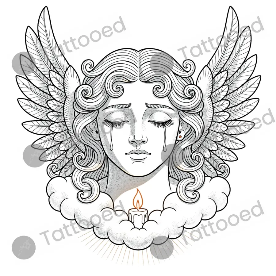 Crying Angel Face, fine line tattoo flash design