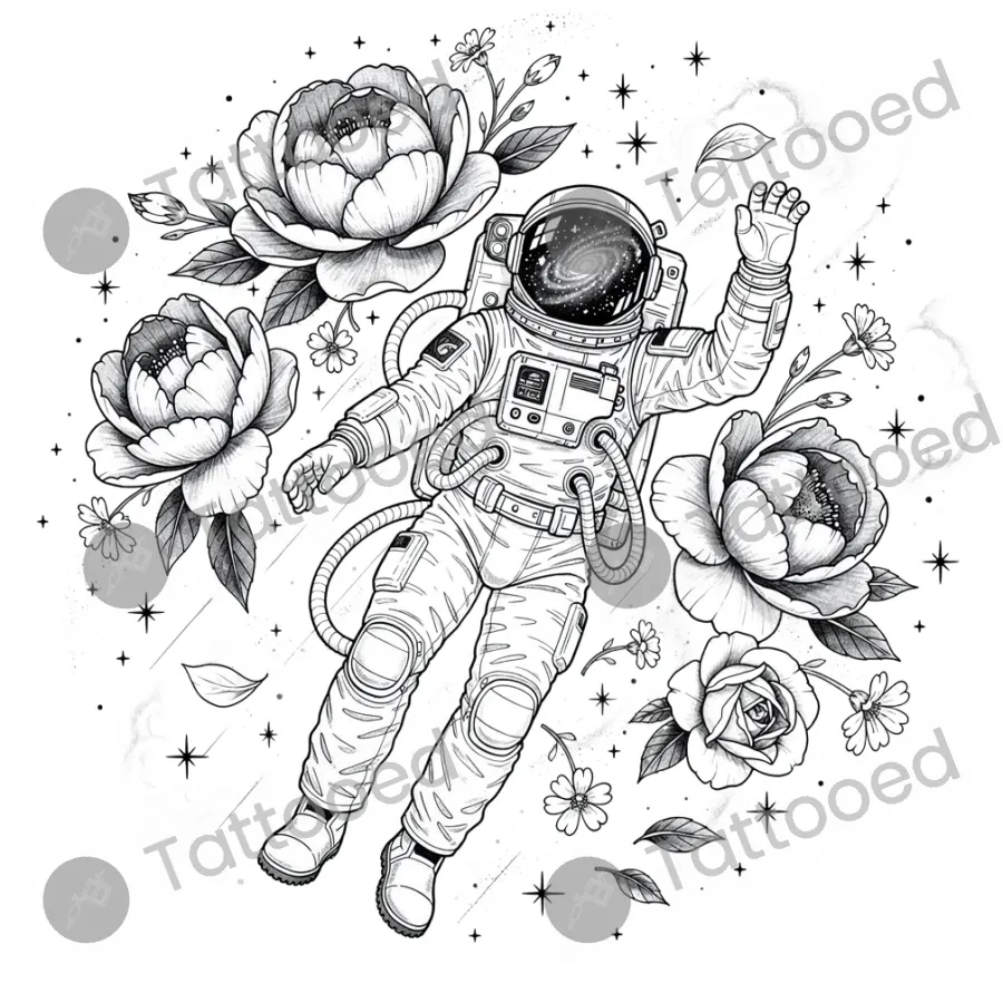 Astronaut Floating Among Flowers, fine line tattoo flash design