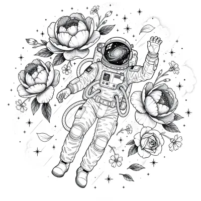 Astronaut Floating Among Flowers, Fine Line tattoo flash design