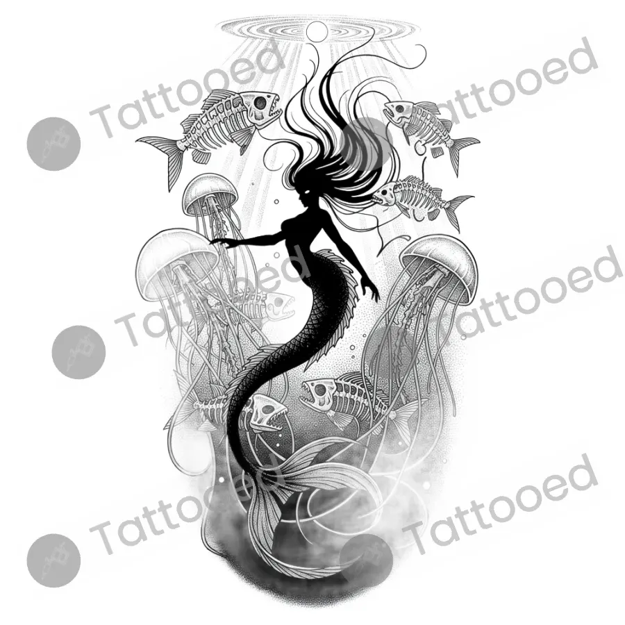 Dark Mermaid Underwater, fine line tattoo flash design