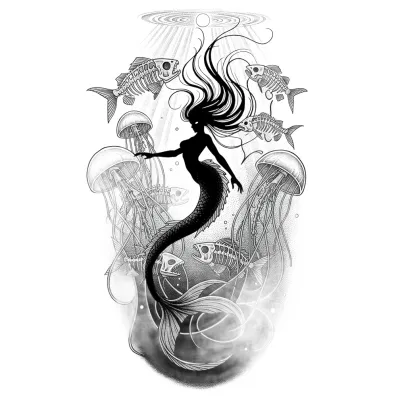 Dark Mermaid Underwater, Fine Line tattoo flash design
