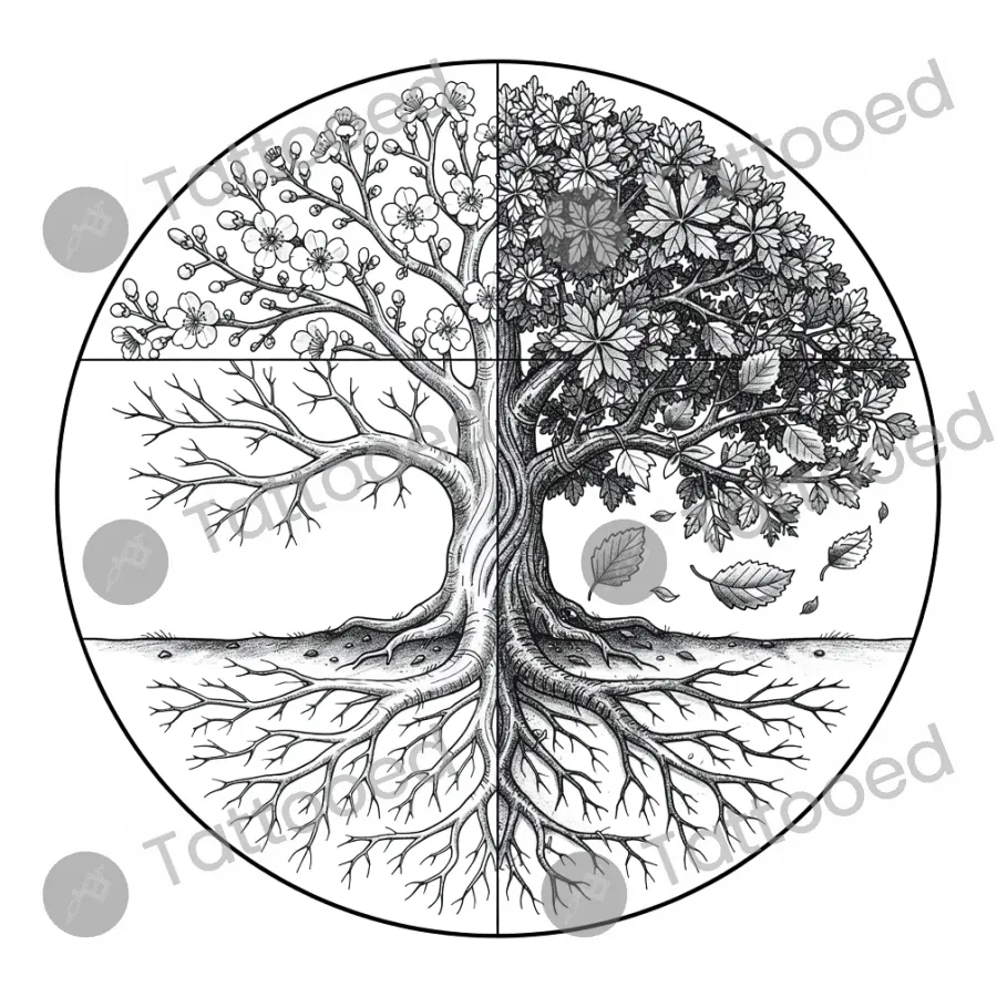 Tree of Life Seasons, fine line tattoo flash design