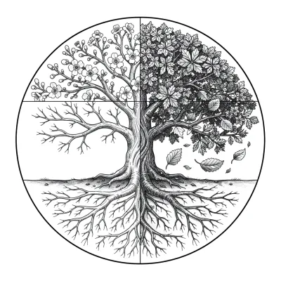 Tree of Life Seasons, Fine Line tattoo flash design