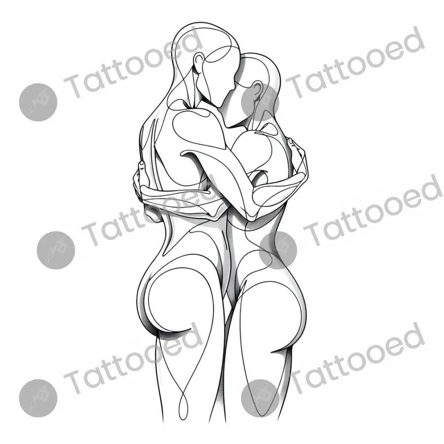 One Line Embrace, fine line tattoo flash design