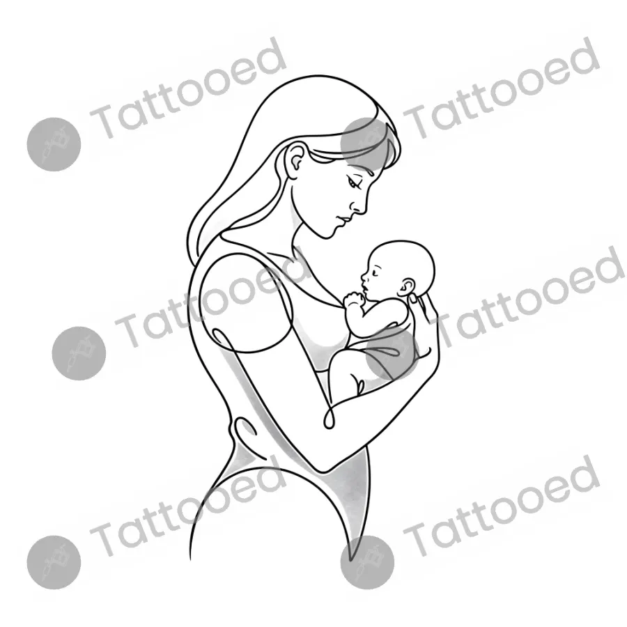One Line Mother and Child, fine line tattoo flash design