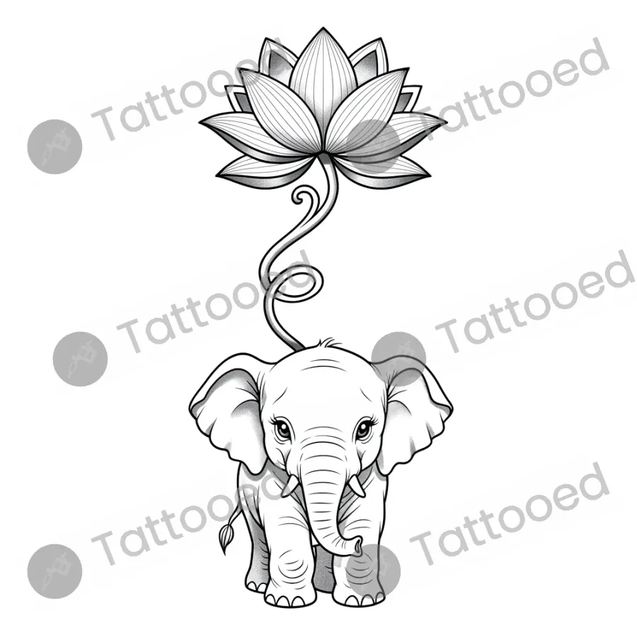 Elephant with Lotus, fine line tattoo flash design
