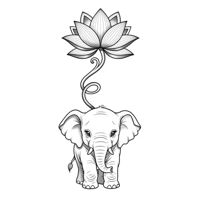 Elephant with Lotus, Fine Line tattoo flash design