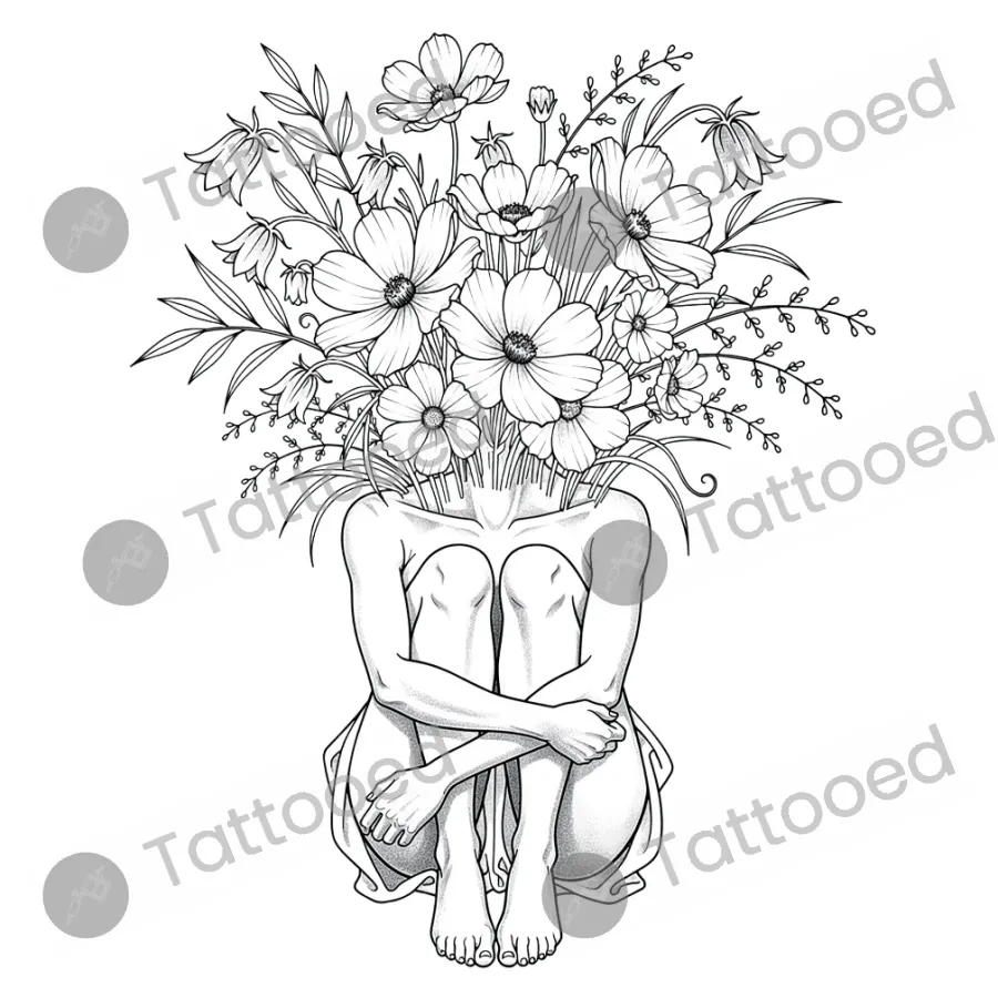 Woman Blooming with Flowers, fine line tattoo flash design