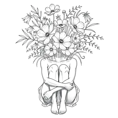 Woman Blooming with Flowers, Fine Line tattoo flash design