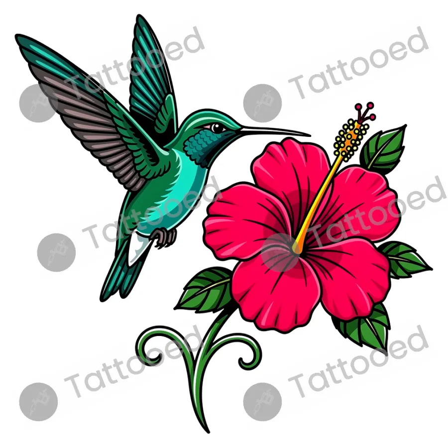 Hummingbird & Hibiscus, neo-traditional tattoo flash design