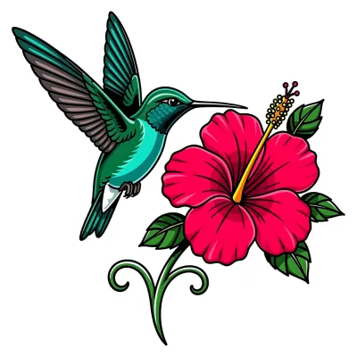 Hummingbird & Hibiscus tattoo flash design