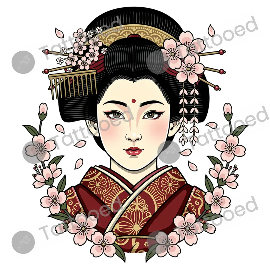 Geisha Portrait, neo-traditional tattoo flash design