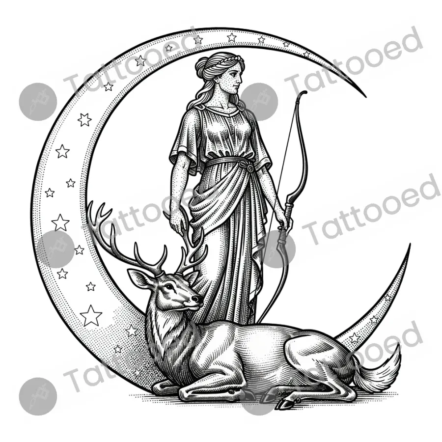 Artemis in Crescent Moon Frame, fine line tattoo flash design
