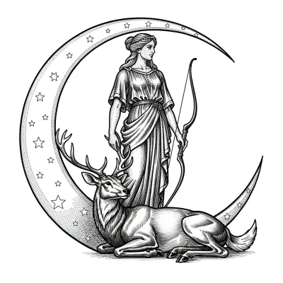 Artemis in Crescent Moon Frame, Fine Line tattoo flash design