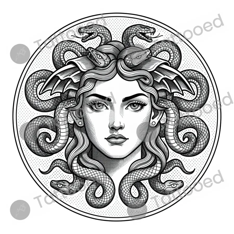 Medusa in Circle, fine line tattoo flash design