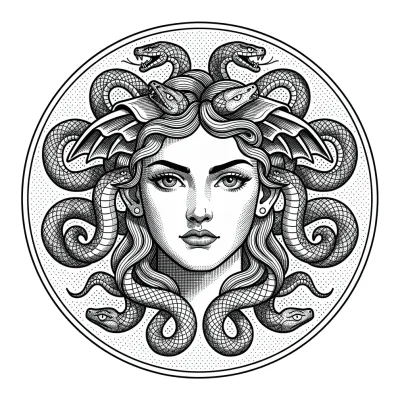 Medusa in Circle, Fine Line tattoo flash design