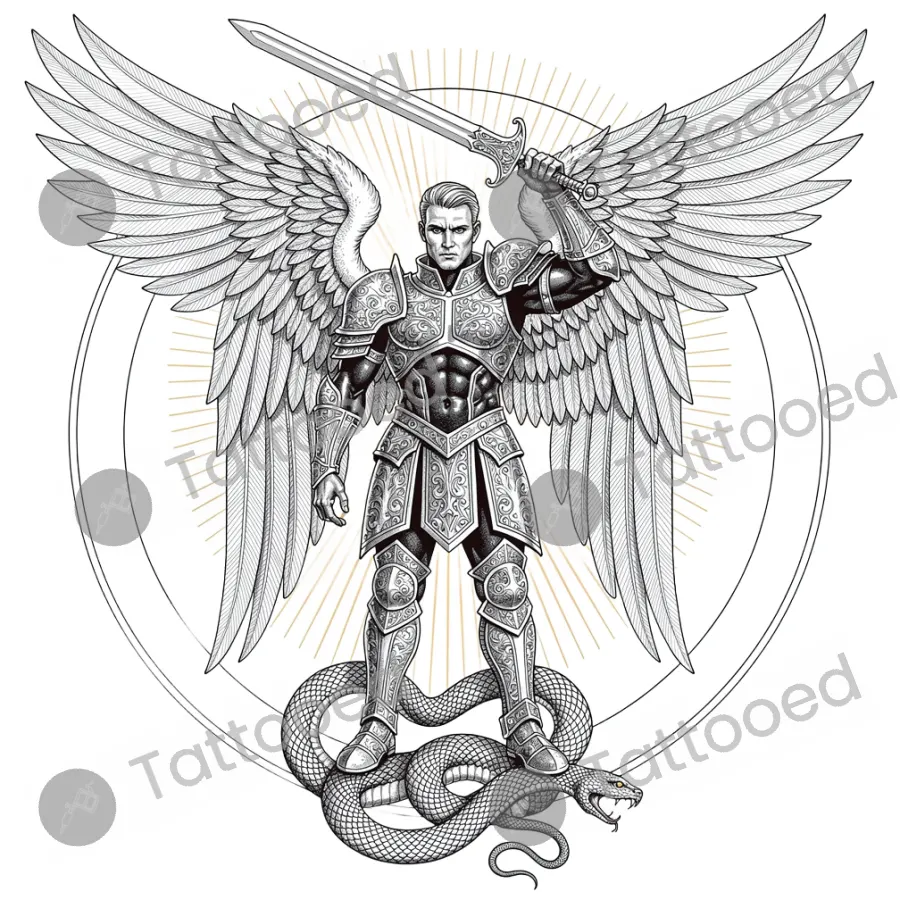 Archangel Michael in Circle, fine line tattoo flash design
