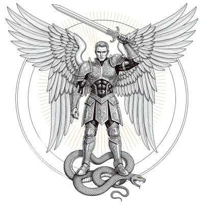 Archangel Michael in Circle, Fine Line tattoo flash design