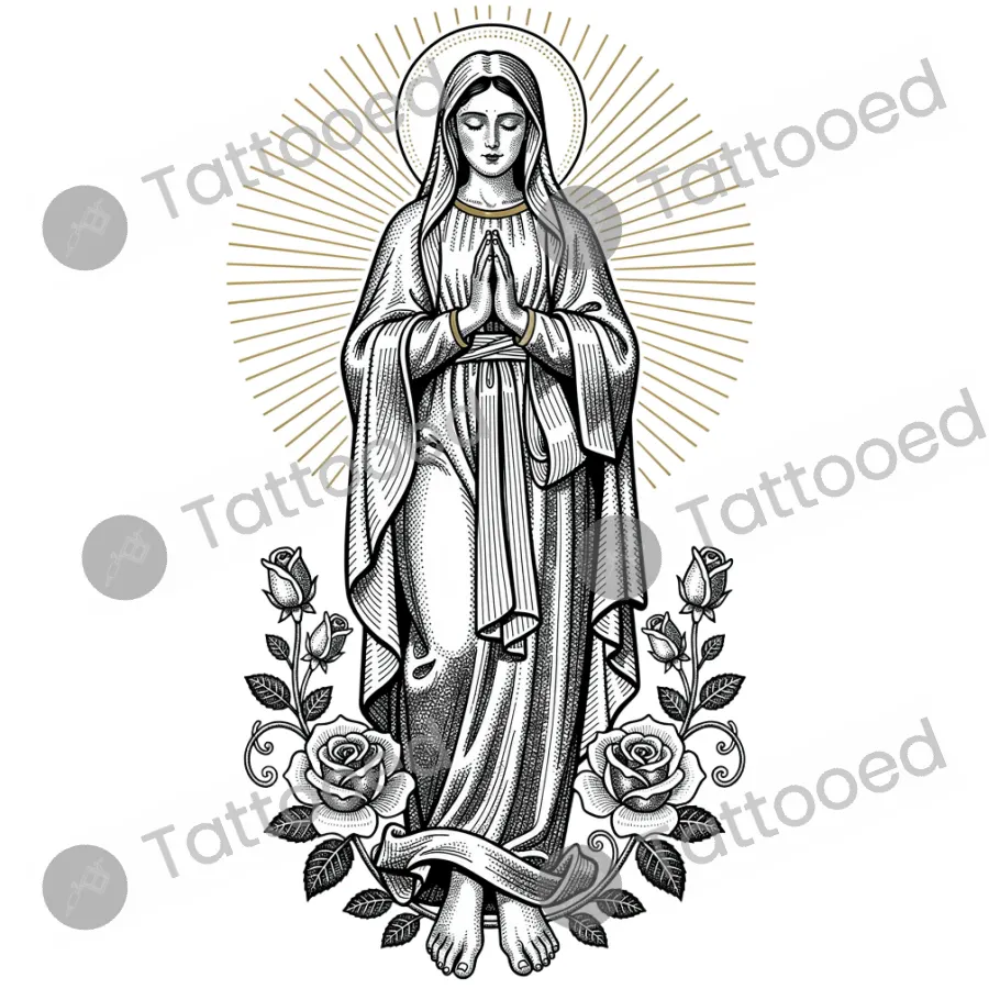 Virgin Mary with Roses, fine line tattoo flash design