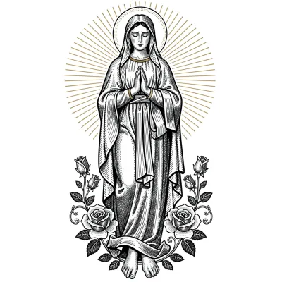 Virgin Mary with Roses, Fine Line tattoo flash design