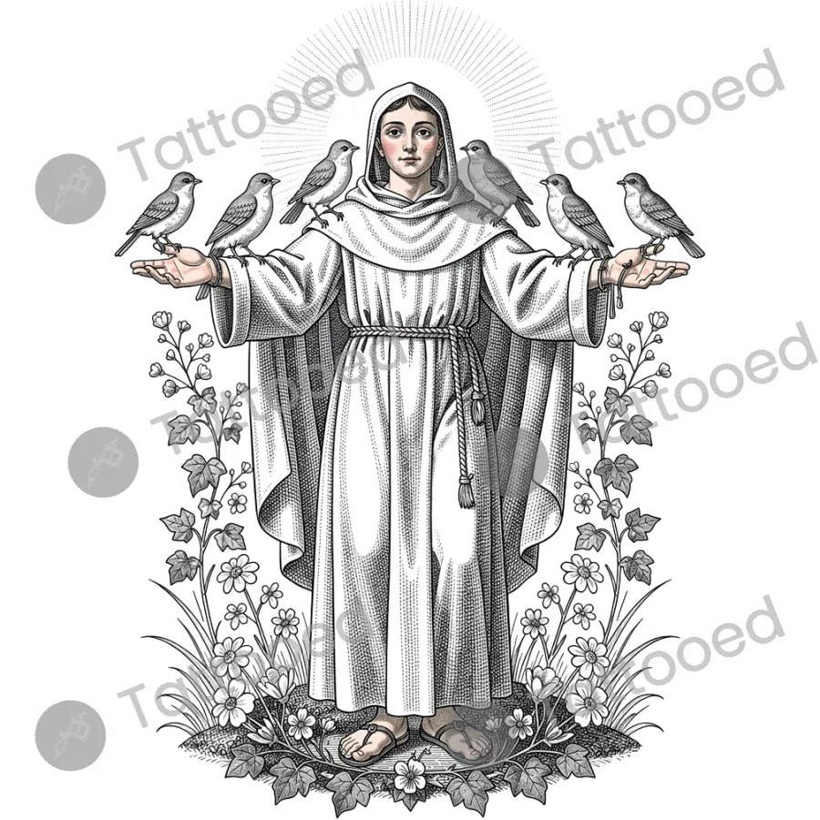 Saint Francis with Birds, fine line tattoo flash design