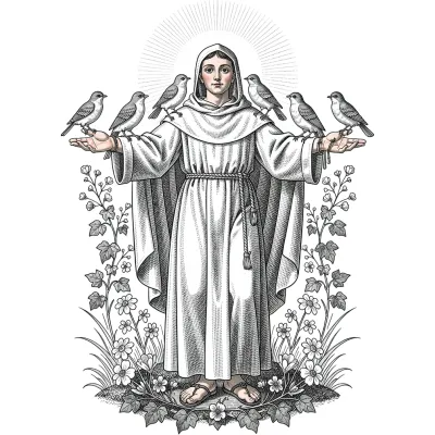 Saint Francis with Birds, Fine Line tattoo flash design