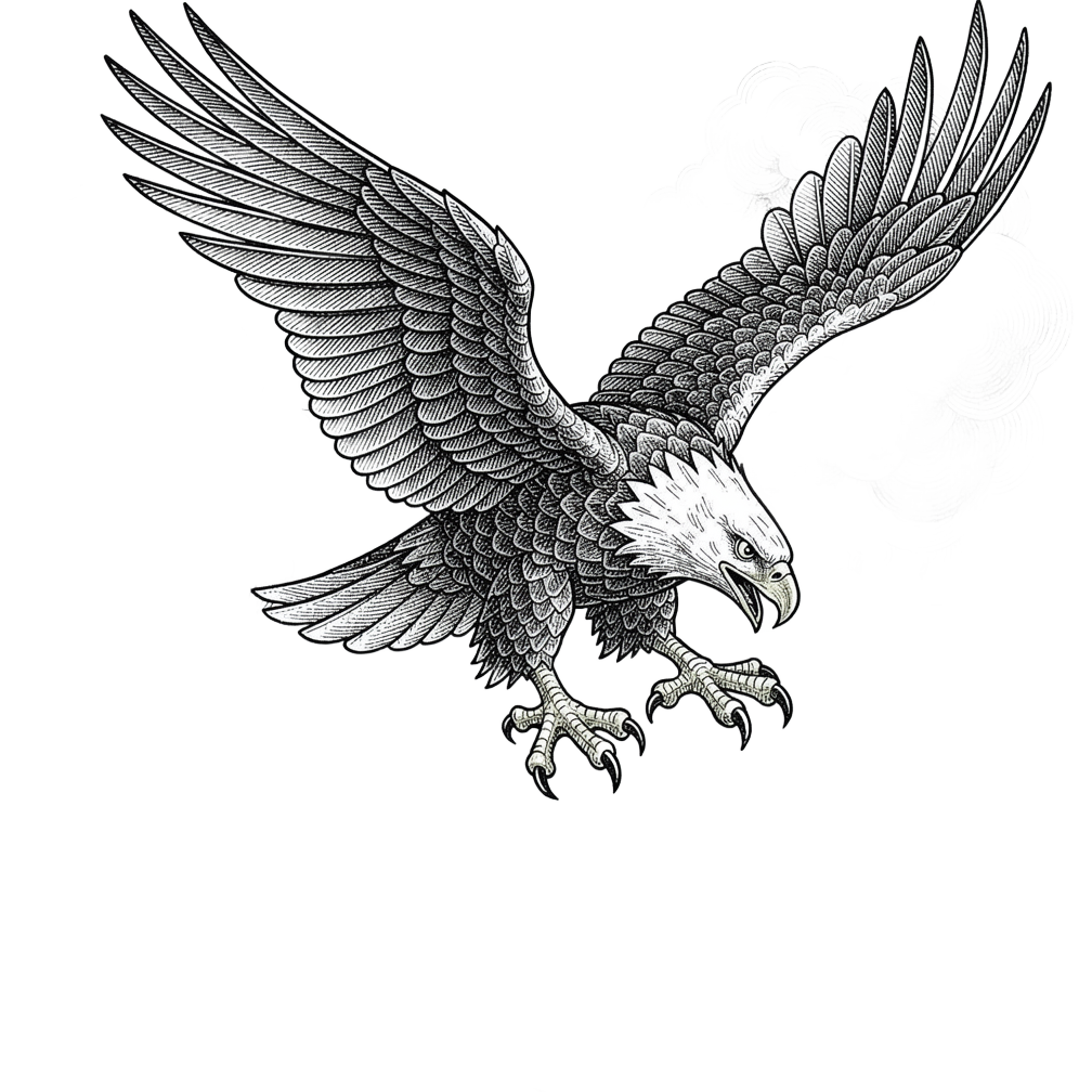 Eagle Descending, fine line tattoo flash design