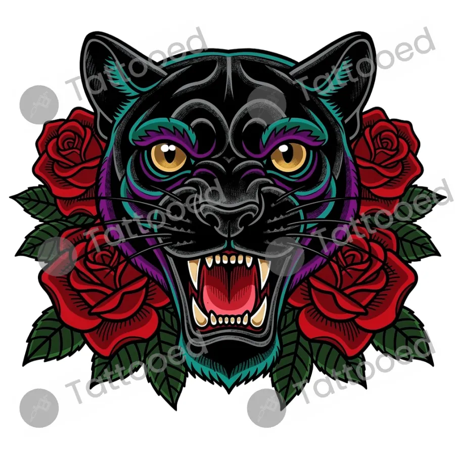 Neo-Traditional Panther, neo-traditional tattoo flash design