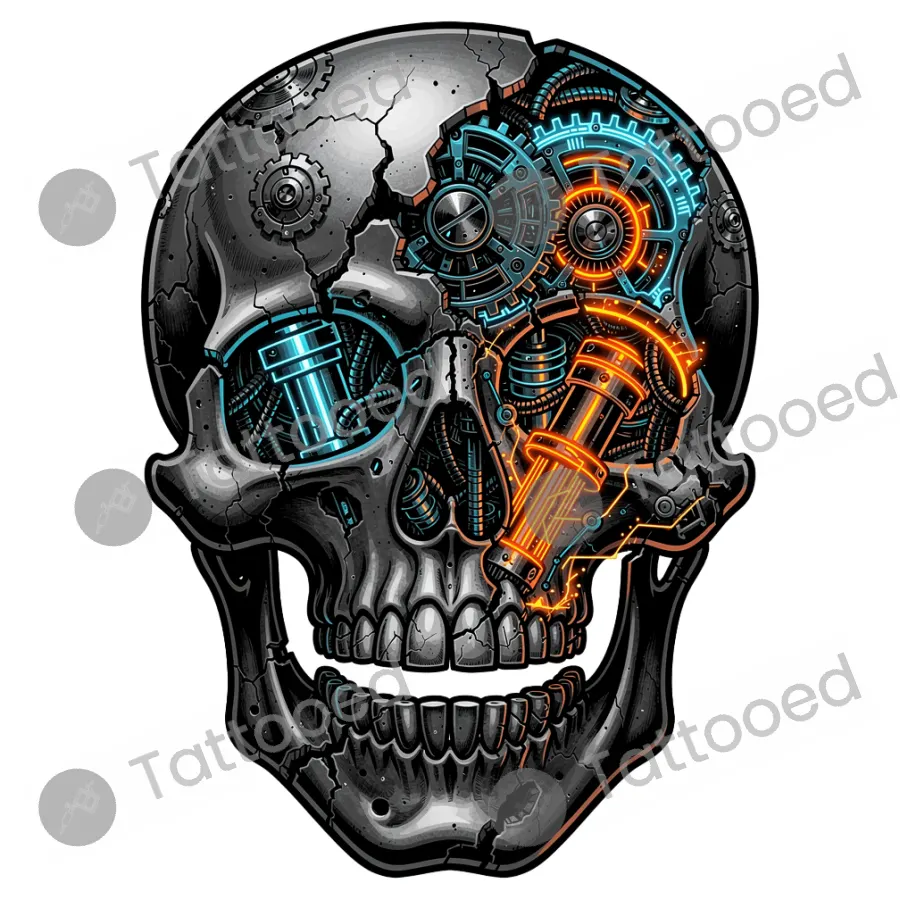 Biomechanical Skull (Color), traditional tattoo flash design
