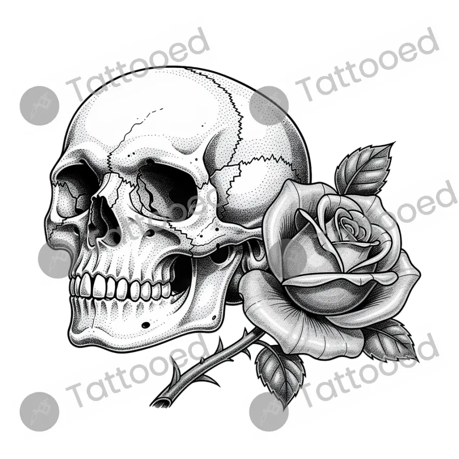 Realistic skull and rose, realism tattoo flash design