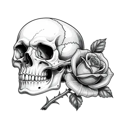 Realistic skull and rose, Realism tattoo flash design