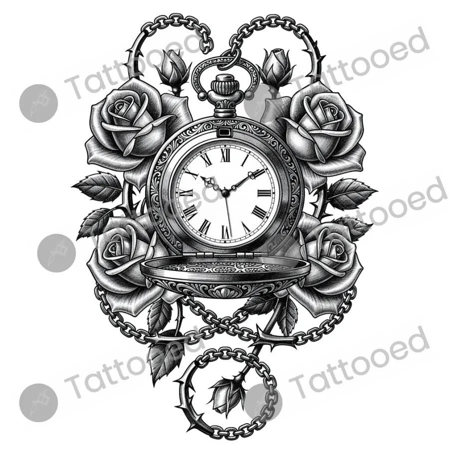 Pocket watch and roses, realism tattoo flash design
