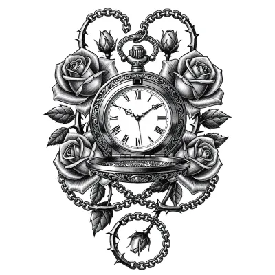 Pocket watch and roses, Realism tattoo flash design
