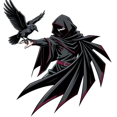 Hooded Figure with Crow, Anime tattoo flash design