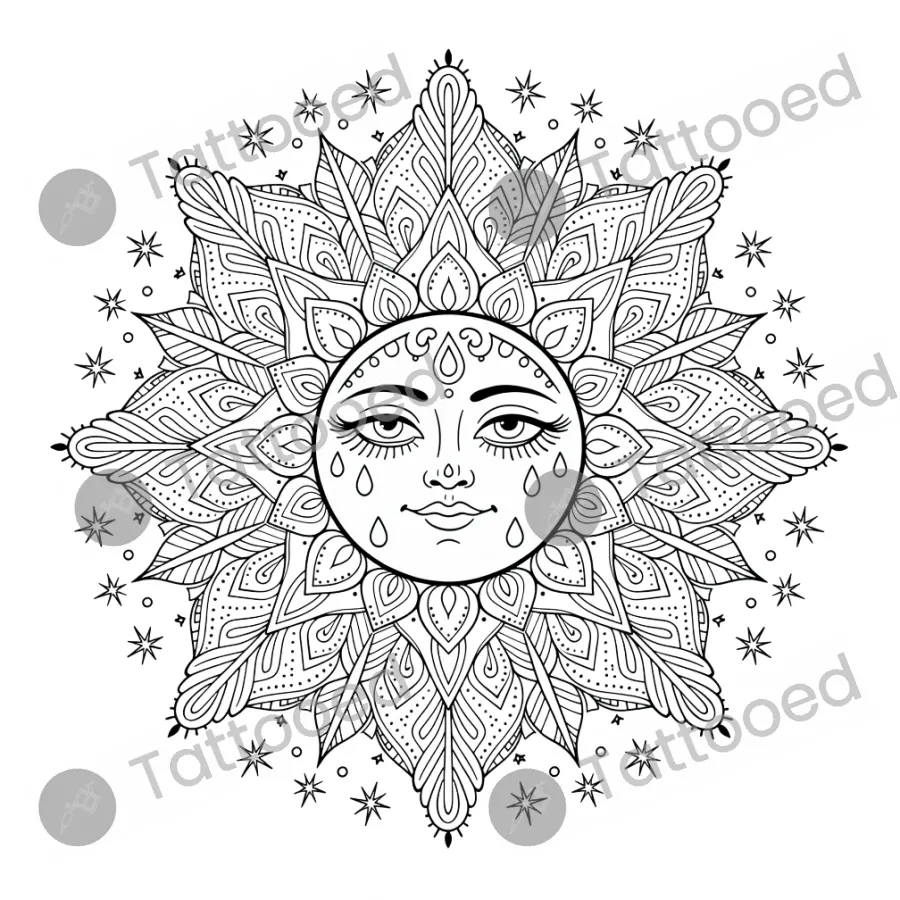 Fine Line Sun, fine line tattoo flash design