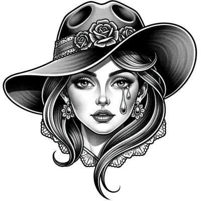 Woman in a Wide Brim Hat, Chicano tattoo flash design